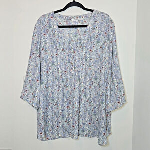 Rose Olive Top Womens 2X Blue Floral Flowy Tunic Career Boho Cottagecore Popover